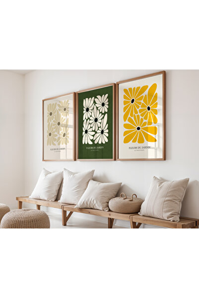 KALİA HOME Bohem Minimal Çiçek 3’lü Tablo Seti – Ahşap Çerçeveli Modern Tablo...