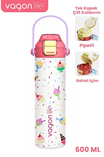 Vagonlife 600 ML Tek Kapak Çift Kullanım Pipetli Rahat İçim Kulplu Paslanmaz ...