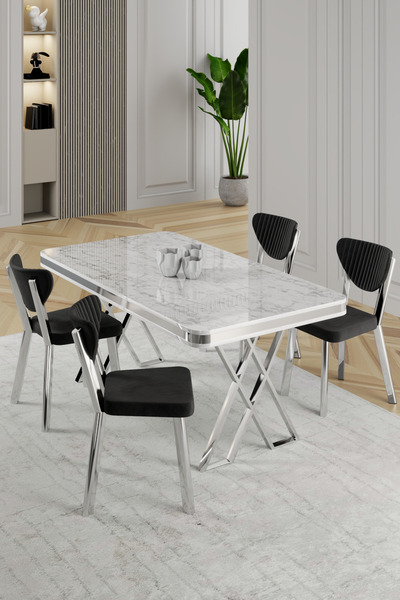 Canisa Raja Serisi 80x130 Lak Panel Beyaz Mermer Desen Masa Takımı Krom Ayakl...