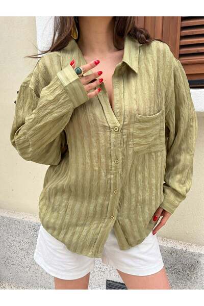 minaaise Women's Oil Green Oversize Self-Patterned Premium Shirt 31080