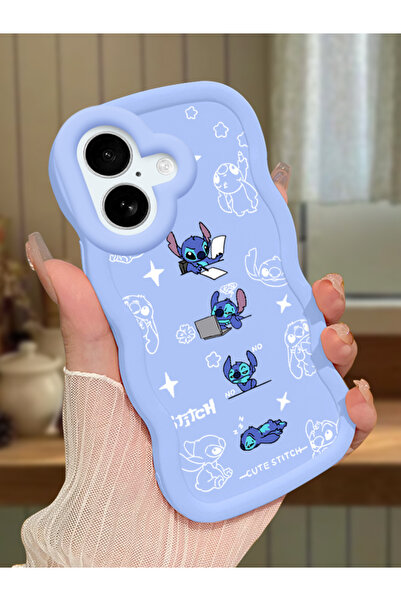 blue Silicone Case Camera Shock Absorbing Design Stitch for iPhone 16 Plus