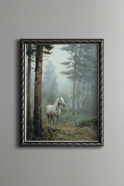 epiqart Sisli Ormanda Beyaz At - Vintage Desenli Çerçeve - İnce Model