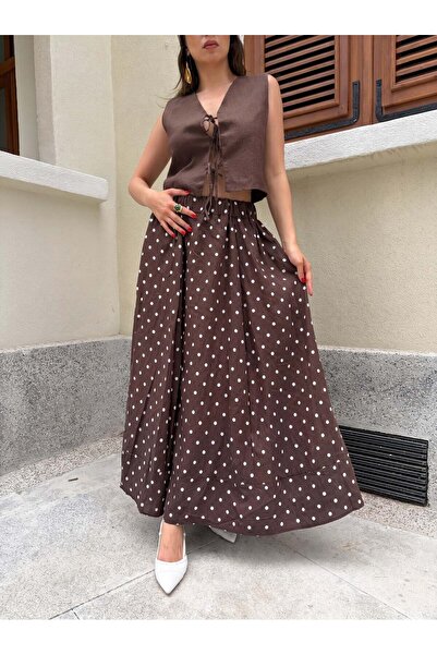 minaaise Καφέ-Λευκή Μακριά Φούστα με Πουά Φόδρα 31118