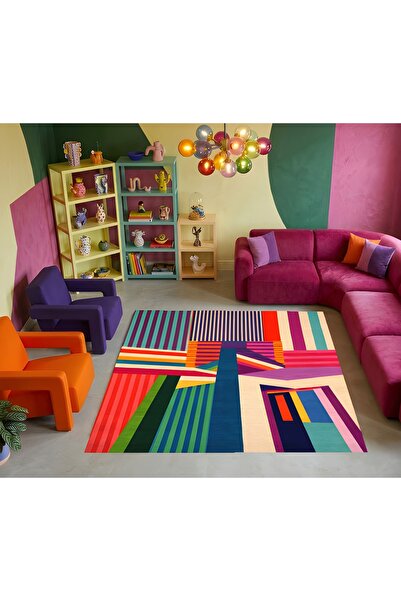 Rugs Modern Halı SDT Modern Çok Renkli Şeritli Soyut Dokuma Taban Dekoratif H...