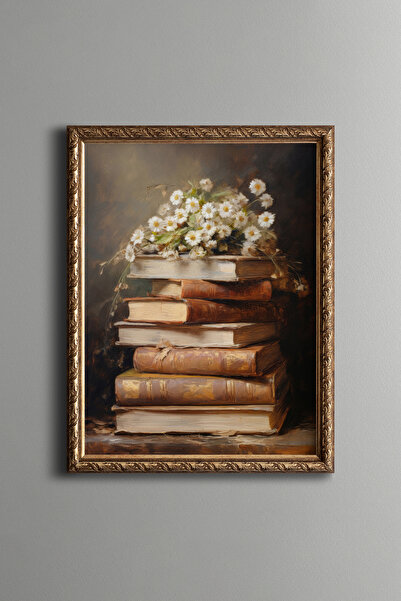 epiqart Kitaplar Üzerinde Papatyalar - Vintage Desenli Çerçeve - İnce Model