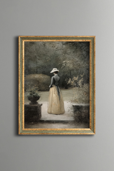 epiqart Woman with Hat Garden Scene - Vintage Patterned Frame - Slim Model