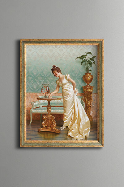 epiqart Woman in Gold Dress and Aquarium Scene - Vintage Patterned Frame - Sl...
