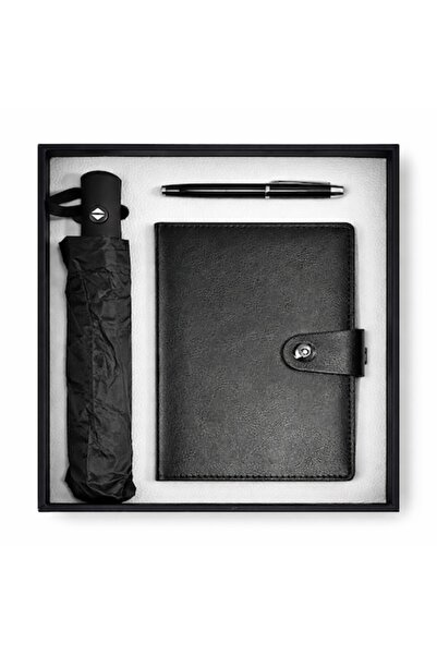 OEM Set cadou de birou cu agendă din piele, umbrelă automată și pix, Negru
