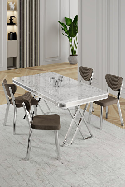 Canisa Raja Serisi 80x130 Lak Panel Beyaz Mermer Desen Masa Takımı Krom Ayakl...