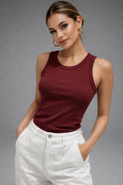 WILD BEE Women's Dark Burgundy Camisole Zero Sleeve Crew Neck Cotton Undershirt