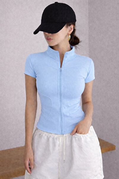 COOL TARZ Bluză de damă cu fermoar, guler înalt, mânecă scurtă, țesătură elas...