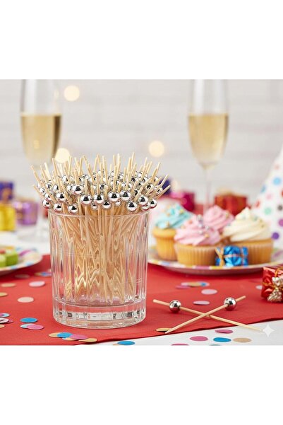 Adana Pasta Malzemeleri Ert-Bmb-103 Bamboo Silver Beaded Toothpicks 12 Pieces