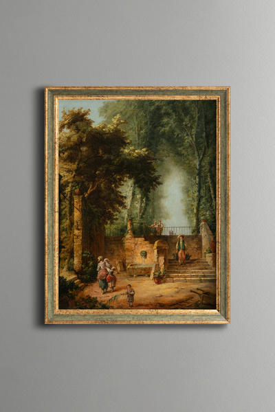 epiqart Tarihi Bahçede Çeşme ve Figürler - Vintage Desenli Çerçeve - İnce Model