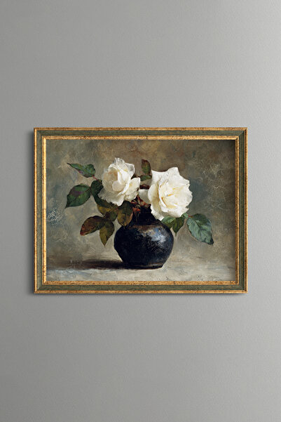 epiqart White Roses and Black Vase - Vintage Patterned Frame - Slim Model