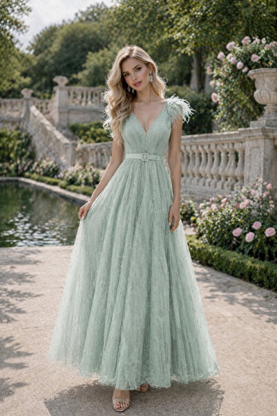 Divin store Κομψό φόρεμα από οργαντίνα σε χρώμα μέντας με φουσκώματα