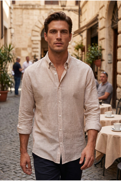 MADZEYMODA Ανδρικό μπεζ ριγέ μακρυμάνικο πουκάμισο LS-13043