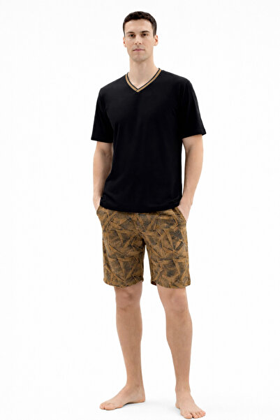 YUYİ Kly %100 Cotton V-Neck Short Sleeved Men's Short Pajama Set 2018