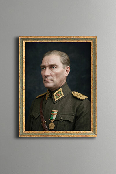 epiqart Uniformed Ataturk Portrait - Vintage Patterned Frame - Slim Model