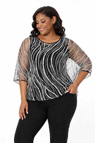 Lady Majestic Μπλούζα σε μεγάλο μέγεθος με στρας σε μαύρο-ασημί χρώμα + Σετ δ...