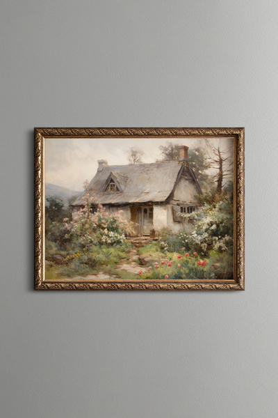 epiqart Çiçekler İçinde Rustik Ev - Vintage Desenli Çerçeve - İnce Model