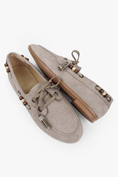 Shoeberry Women's Costa Mink Suede Lace-Up Loafer with Bead Accessories
