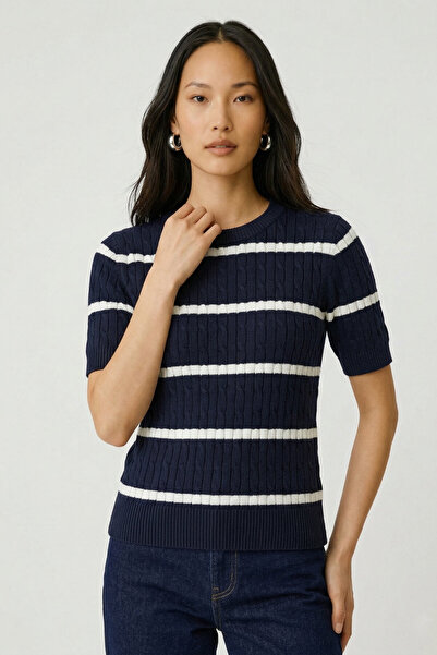 SMILE Cecilia Navy Blue 100% Cotton Striped Knit Sweater