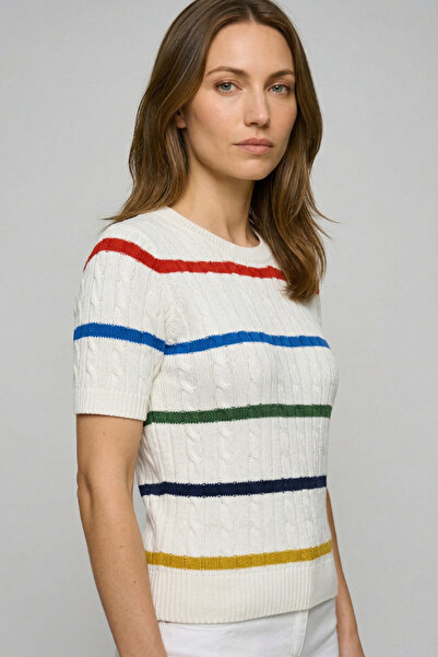 SMILE Cecilia White 100% Cotton Striped Knit Sweater