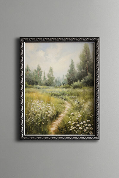 epiqart Papatyalı Kır Yolu Manzarası - Vintage Desenli Çerçeve - İnce Model