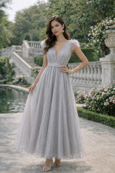 Divin store Κομψό ασημί φόρεμα από οργαντίνα με φουσκώματα