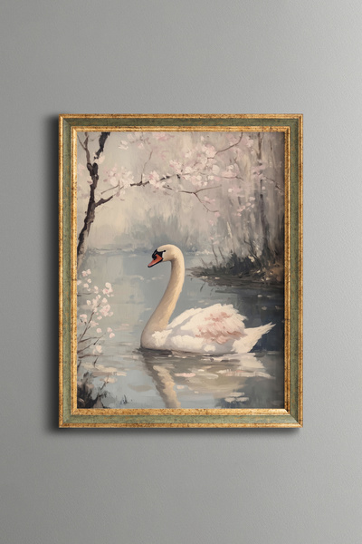 epiqart Swan among Spring Flowers - Vintage Patterned Frame - Slim Model