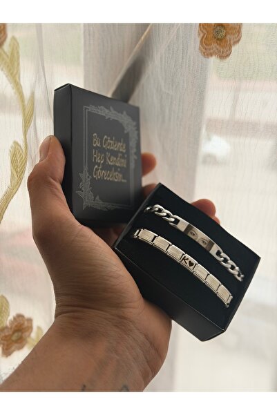 Çelik Göz Baskılı ve Harf İşlemeli Bileklik Set - Gözlerim Hep Üzerinde Sevgilim