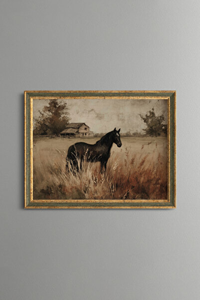 epiqart Horse Figure in Rural Scenery - Vintage Patterned Frame - Slim Model