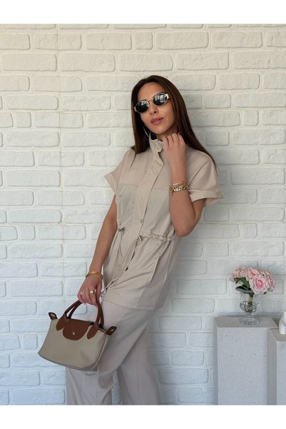 Goncalya Smocked short sleeve parachute modal suit stone