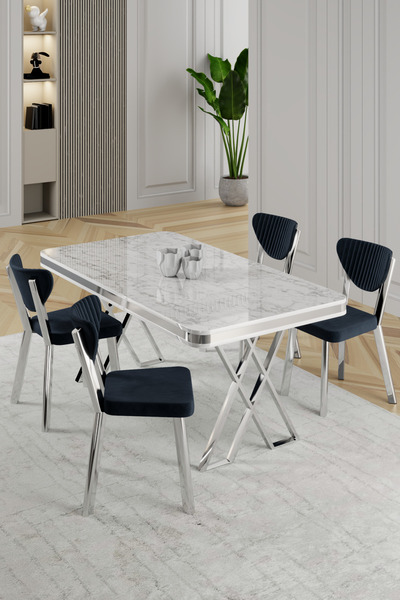 Canisa Raja Serisi 80x130 Lak Panel Beyaz Mermer Desen Masa Takımı Krom Ayakl...