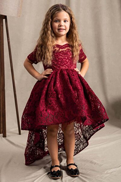 Riccotarz Κοριτσίστικο βραδινό φόρεμα μπορντό με λαιμόκοψη βάρκα και λεπτομέρ...