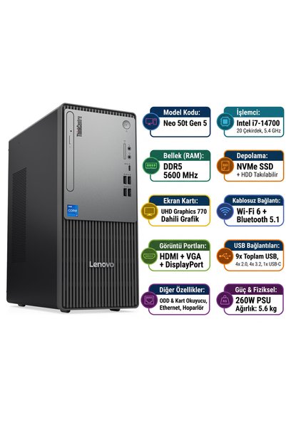 LENOVO ThinkCentre Neo 50T Gen 5 i7-14700 16GB 1TB SSD Freedos Masaüstü Bilgisayar 12UD001UTR 003
