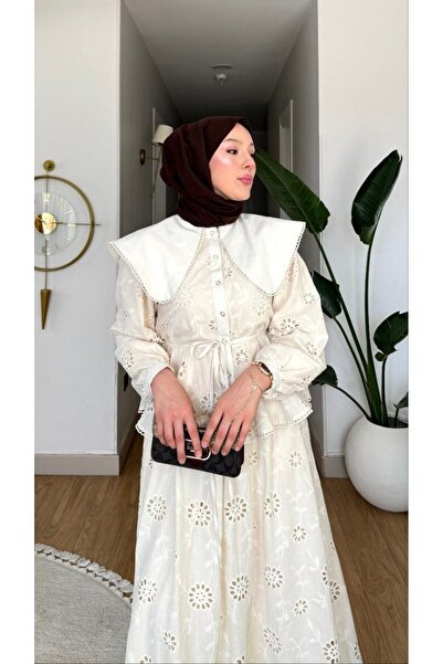 TrendParis Σετ πουκάμισο/φούστα με κέντημα Παπάτια και μεγάλο γιακά, εκρού