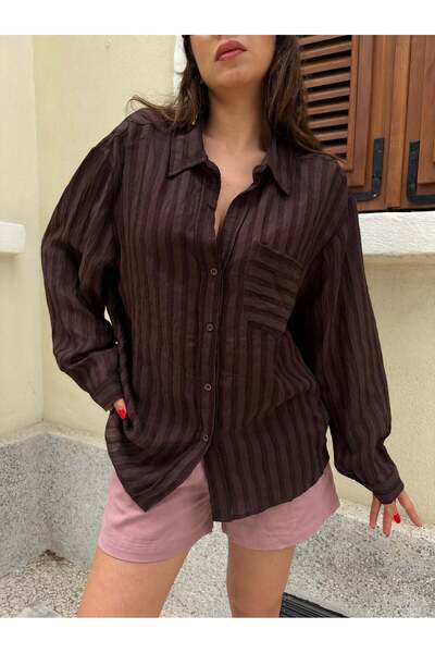 minaaise Women's Brown Oversize Self-Patterned Premium Shirt 31080