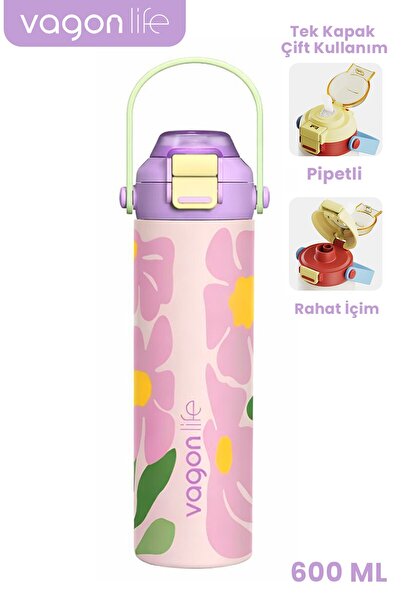 Vagonlife 600 ML Tek Kapak Çift Kullanım Pipetli Rahat İçim Kulplu Paslanmaz ...