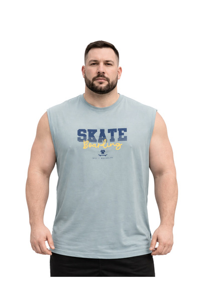 BattalModa Erkek Büyük Beden Prada Mavisi Sıfır Kol Skate Tişört 3XL-4XL-5XL-6XL