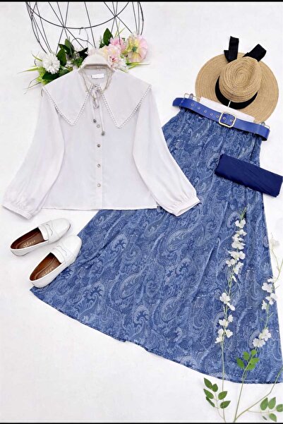 MODA VEDAT Γυναικείο Σετ με Φούστα Σιφόν με Λεπτομέρεια Πέτο και Σχέδιο Σάλι ...