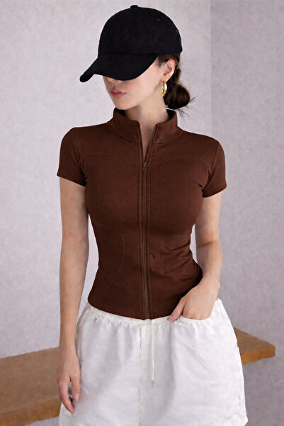 COOL TARZ Bluză de damă cu fermoar, guler înalt, mânecă scurtă, țesătură elas...