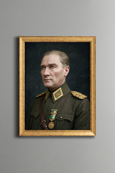 epiqart Uniformed Ataturk Portrait - Vintage Patterned Frame - Slim Model