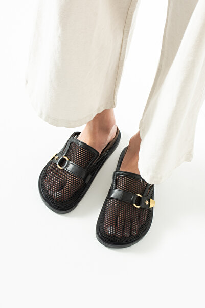 DUXAL SHOES Skye Μαύρες Διχτυωτές Γυναικείες Παντόφλες με Λεπτομέρεια Πόρπης ...