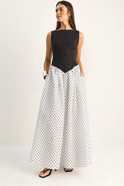 Bianco Lucci Γυναικείο μάξι φόρεμα με πουά σχέδιο, λεπτομέρεια τσέπης και εφα...