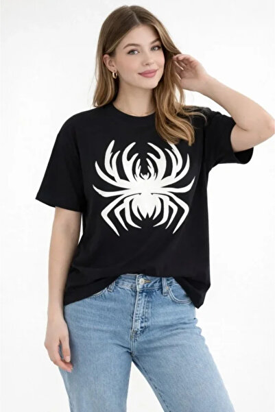 Wear Up Μπλουζάκι με στάμπα αράχνης, κοντομάνικο, με λαιμόκοψη ποδηλάτου - Μαύρο