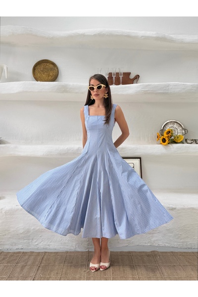 LE CARAMBOLE Women's Blue Square Patterned Strappy Long Dress