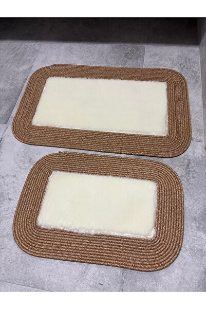 MaVaux Σετ χαλάκια μπάνιου με αφράτη μαλακή υφή 50x80 & 40x60 με ψάθινες άκρε...