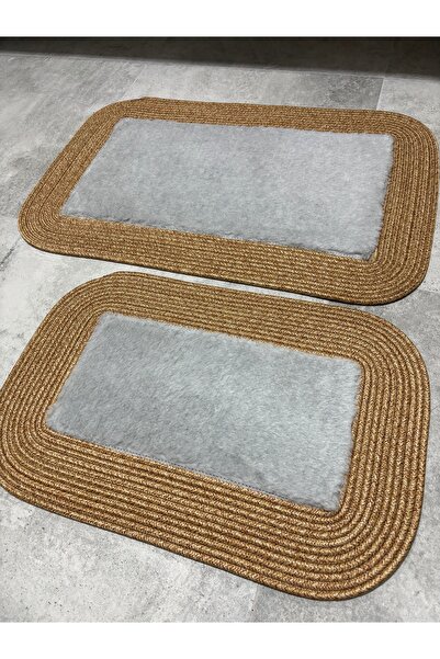 MaVaux Σετ χαλάκια μπάνιου με αφράτη μαλακή υφή 50x80 & 40x60 με ψάθινες άκρε...