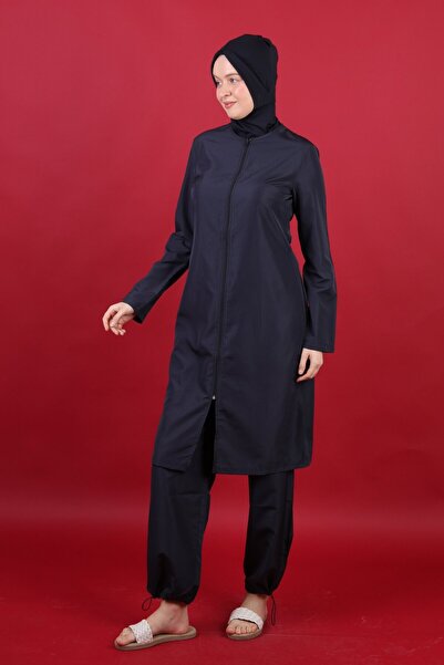 Rosto Fashion Flat Parachute Fully Covered Hijab Swimsuit Navy Blue 3-Piece Water Repellent Quick Drying Set